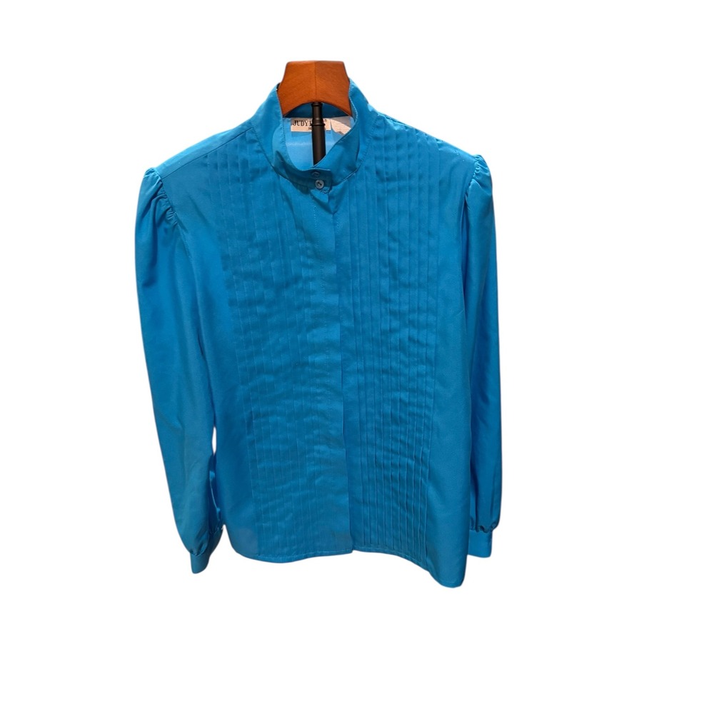 Vtg 80s JUDY BOND Womens Blue Pleated Neck Button‎ Up Blouse Top Sz 16  fits L